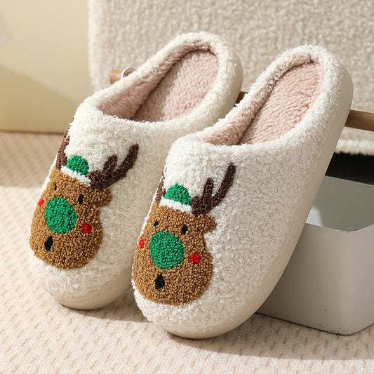 Christmas Cute Elk Pattern Cotton Slippers Indoor Home Plush Warm Slippers Green