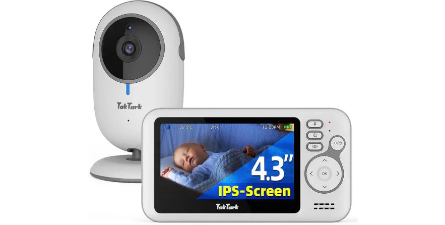 TakTark baby monitor with 4.3-inch IPS screen showing sleeping baby and camera unit