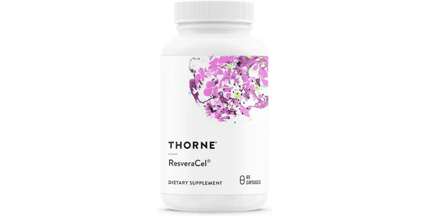 Thorne ResveraCel dietary supplement bottle with purple floral design, 60 capsules