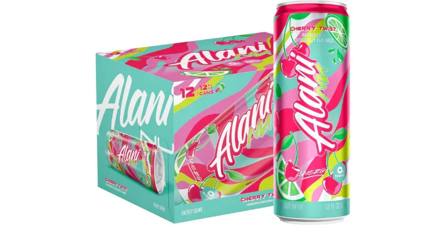 Alani Nu Cherry Twist energy drink can and 12-pack box with vibrant cherry and lime design