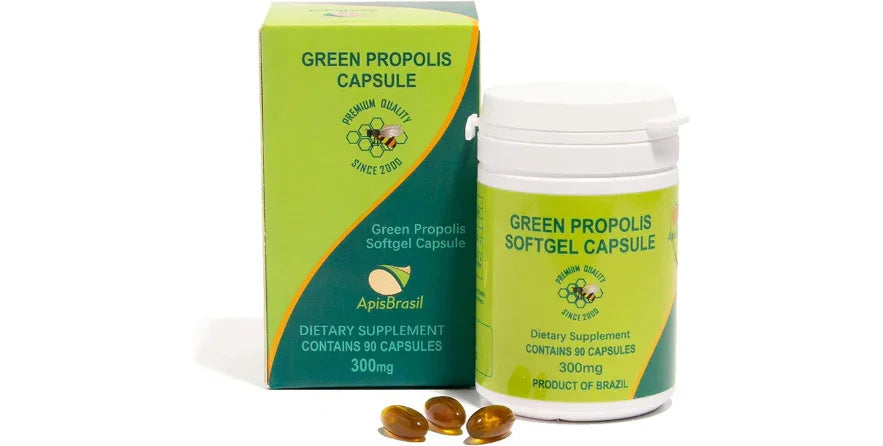 Green Propolis softgel capsules dietary supplement bottle and box from ApisBrasil with 300mg capsules