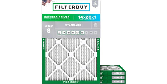 FilterBuy indoor air filter 14x20x1 MERV 8 standard 4-pack with green and white packaging