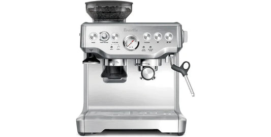 Breville Barista Express stainless steel espresso machine with built-in grinder and steam wand