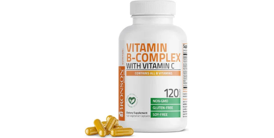 Bronson Vitamin B-Complex with Vitamin C dietary supplement bottle with yellow capsules, non-GMO, gluten-free, soy-free