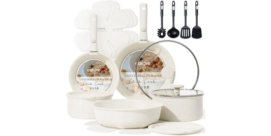 Carote 19-piece nonstick white cookware set with detachable handle, pots, pans, lids, and black kitchen utensils