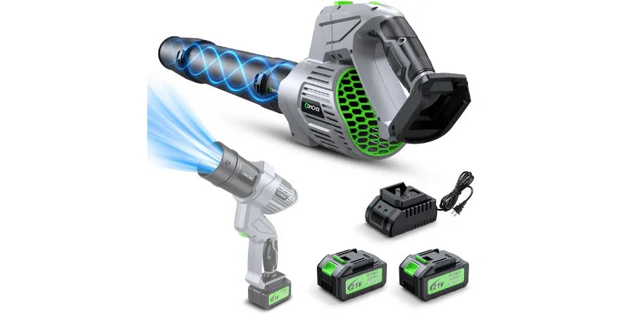 Cordless electric leaf blower with two 21V batteries, charger, and blue air flow visualization
