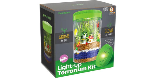 Dan & Darci kids' light-up terrarium kit with glowing LED lid, layered soil, plants, and toy figures