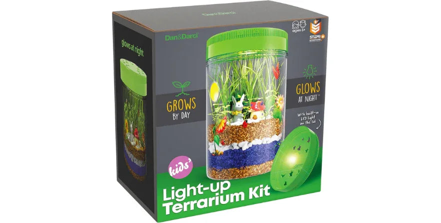 Dan&Darci kids' Light-up Terrarium Kit with green lid, layers of soil and plants, glows at night with LED