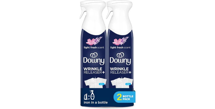 Two bottles of Downy Wrinkle Releaser+ spray in light fresh scent, 2 bottle pack