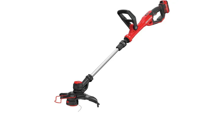 red and black cordless electric weed trimmer with adjustable handle and metal shaft on white background