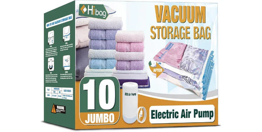 HiBag jumbo vacuum storage bags with stacked towels, electric air pump, and compression before/after