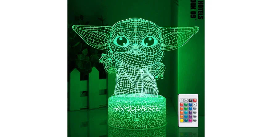 3D illusion LED night light shaped like Baby Yoda with remote, glowing green in a kids room