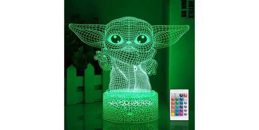 3D illusion LED night light shaped like Baby Yoda with remote, glowing green in a kids room