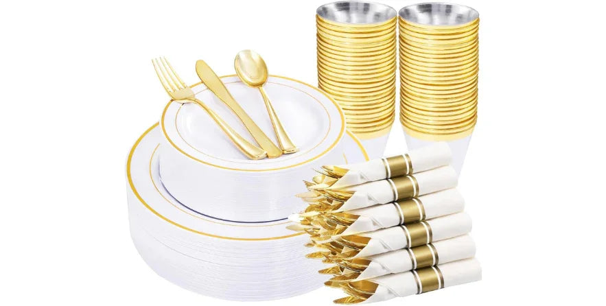 210-piece gold and white disposable dinnerware set with plates, cups, and cutlery for parties