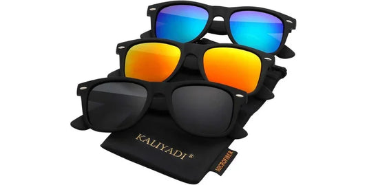 KALIYADI polarized sunglasses 3-pack for men and women with black frames and blue, orange, and gray lenses