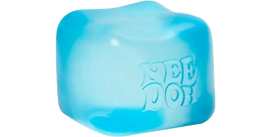 Blue NeeDoh squishy stress relief cube with rounded edges on white background