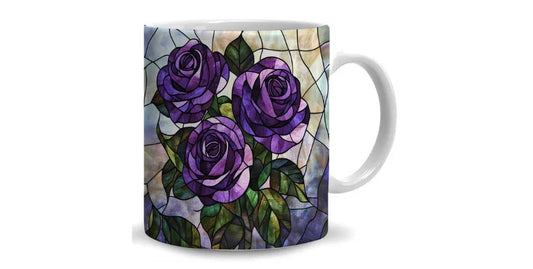 white coffee mug with stained glass style design of three purple roses and green leaves