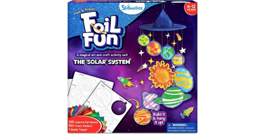 Skillmatics Foil Fun Solar System craft kit with colorful foil planets, foam stickers, and mobile topper for kids 4-12 years