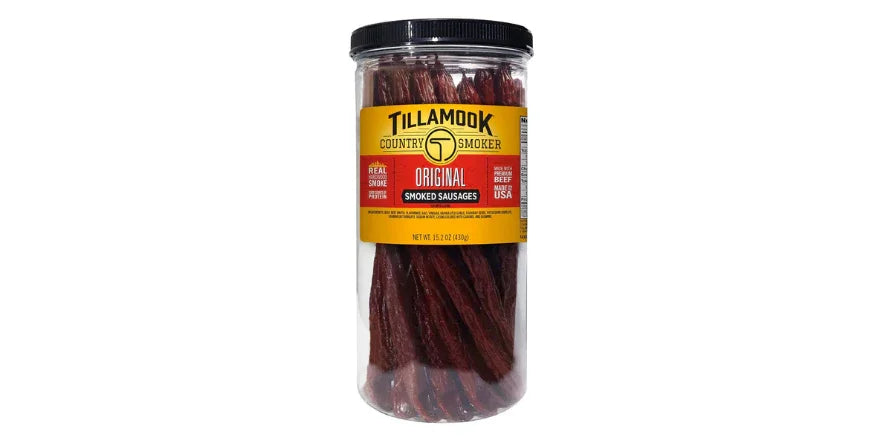 Clear jar of Tillamook Country Smoker Original smoked beef sausages with yellow label