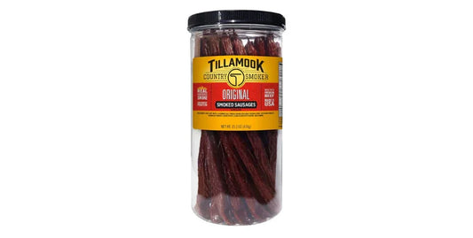 Clear jar of Tillamook Country Smoker Original smoked beef sausages with yellow label