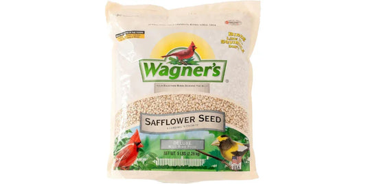 Wagner's Safflower Seed deluxe wild bird food bag with cardinal and yellow bird illustration