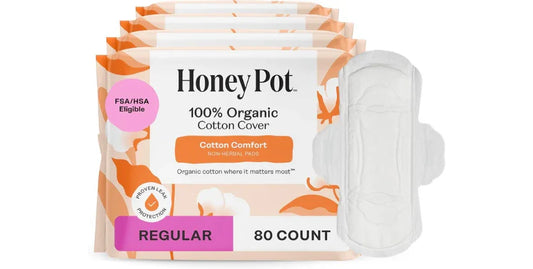 Honey Pot 100% organic cotton cover regular non-herbal sanitary pads, 80 count pack with pad shown
