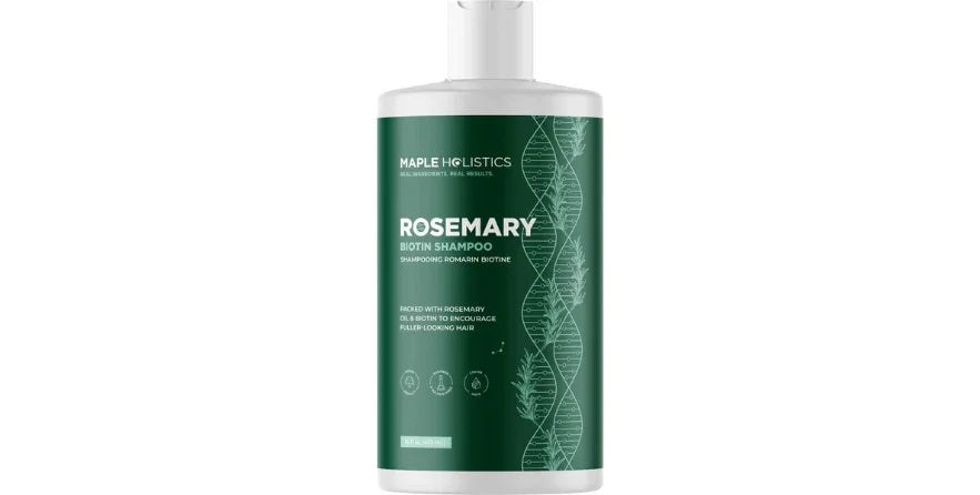Maple Holistics Rosemary Biotin Shampoo bottle with green label for fuller hair