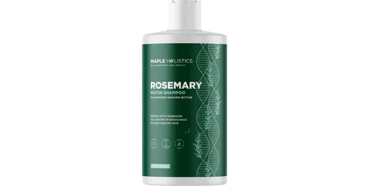 Maple Holistics Rosemary Biotin Shampoo bottle with green label for fuller hair