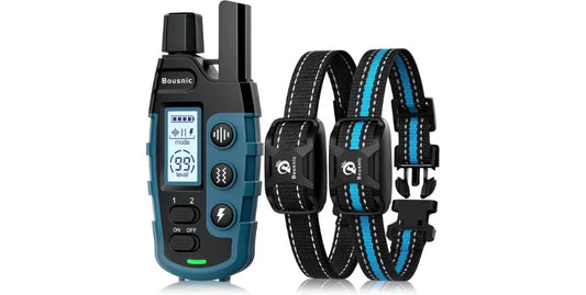 Bousnic dog shock collar remote with two adjustable dog collars, black and blue design