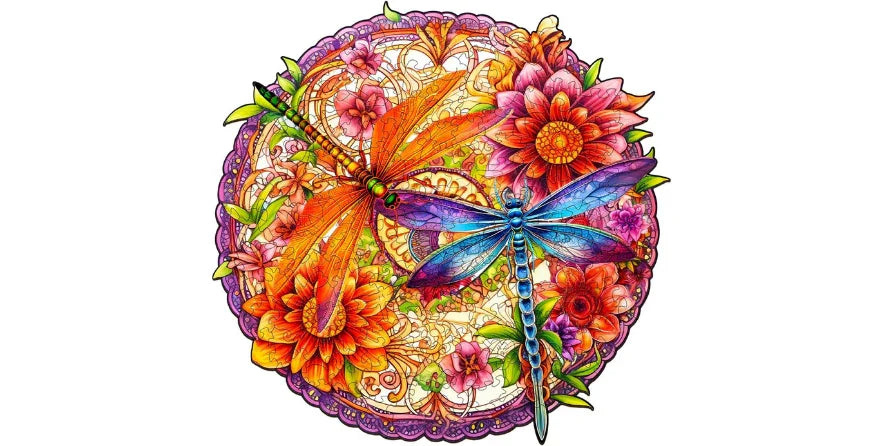 Colorful wooden puzzle with detailed dragonflies and vibrant flowers in circular design