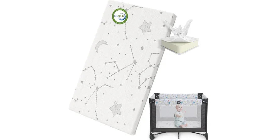 Firm foam pack and play mattress topper with washable cover featuring star and moon patterns, Certified CertiPUR-US, shown with baby in playpen