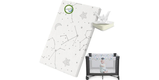 Firm foam pack and play mattress topper with washable cover featuring star and moon patterns, Certified CertiPUR-US, shown with baby in playpen
