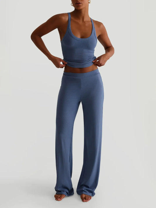 Ribbed Tank and High-Waisted Pants Active Set Blue