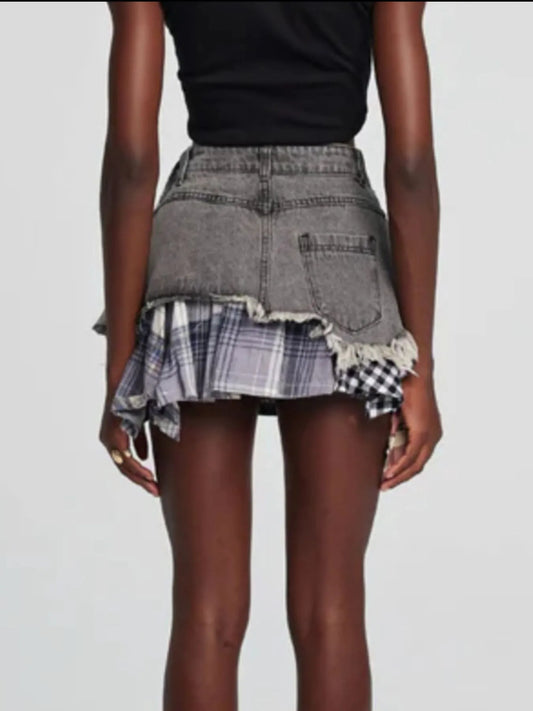 Raw Hem Denim Mini Skirt with Plaid Patch Details
