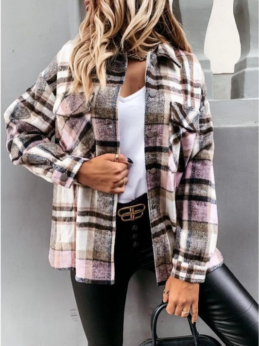 Plaid Button-Down Long Sleeve Shacket Dusty Pink