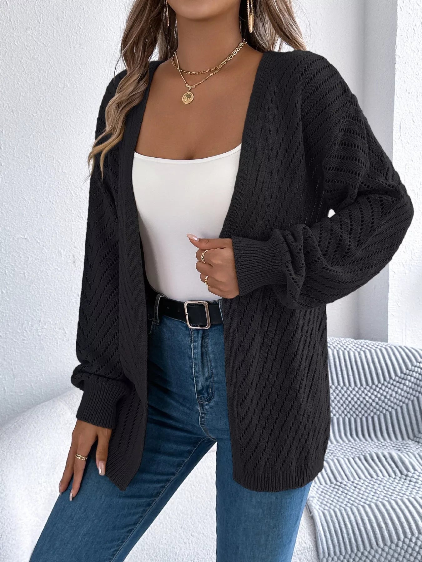 Openwork Open-Front Long Sleeve Cardigan