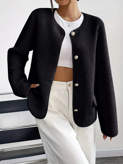 Full Size Textured Button-Up Fleece Outerwear Plus Size Black