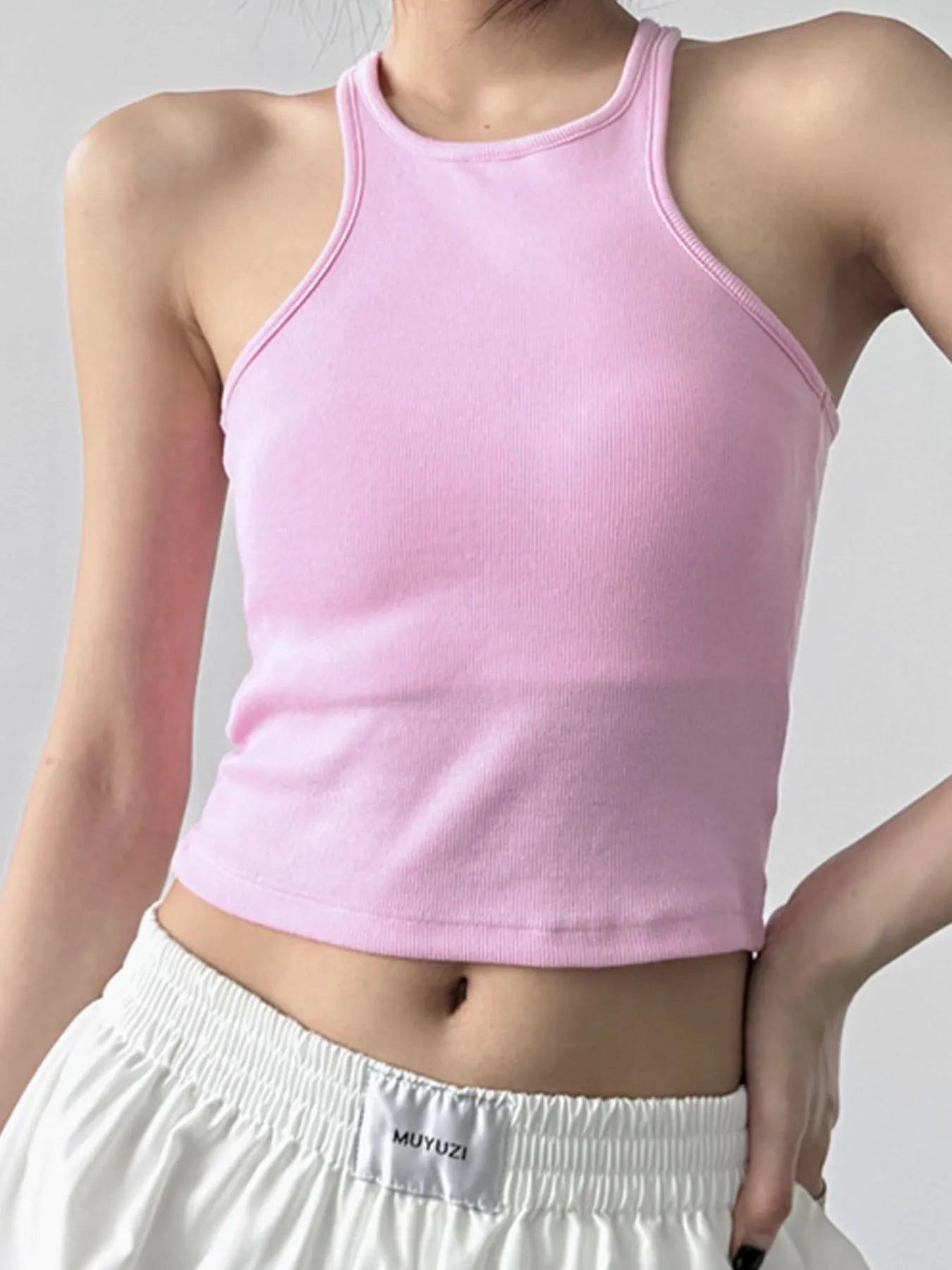 Ribbed Round Neck Crop Tank Top Pink One Size