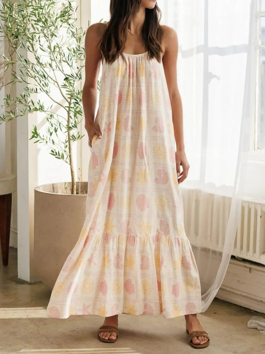 Printed Maxi Lounge Dress with Ruffled Hem Apricot