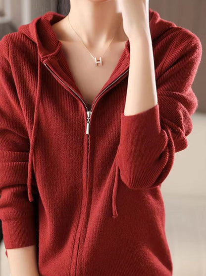 Drawstring Zip Up Long Sleeve Hooded Sweater Scarlet One Size