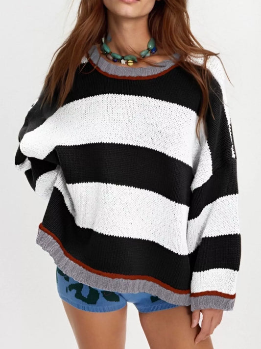 Color Block Round Neck Sweater White