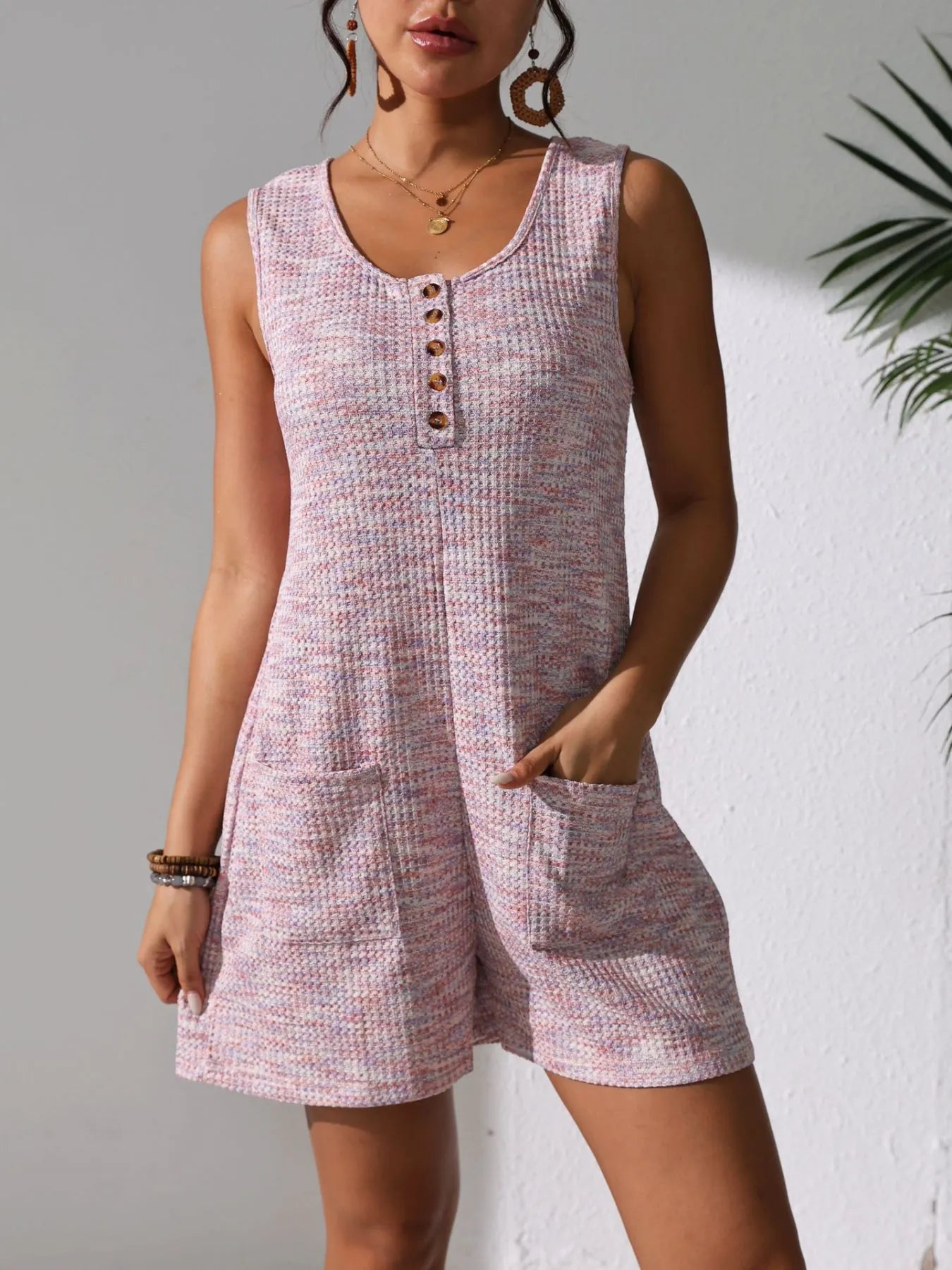 Full Size Button Front Romper with Pockets Plus Size Pink