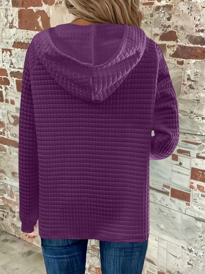 Full Size Texture Button Detail Drawstring Long Sleeve Hoodie Violet