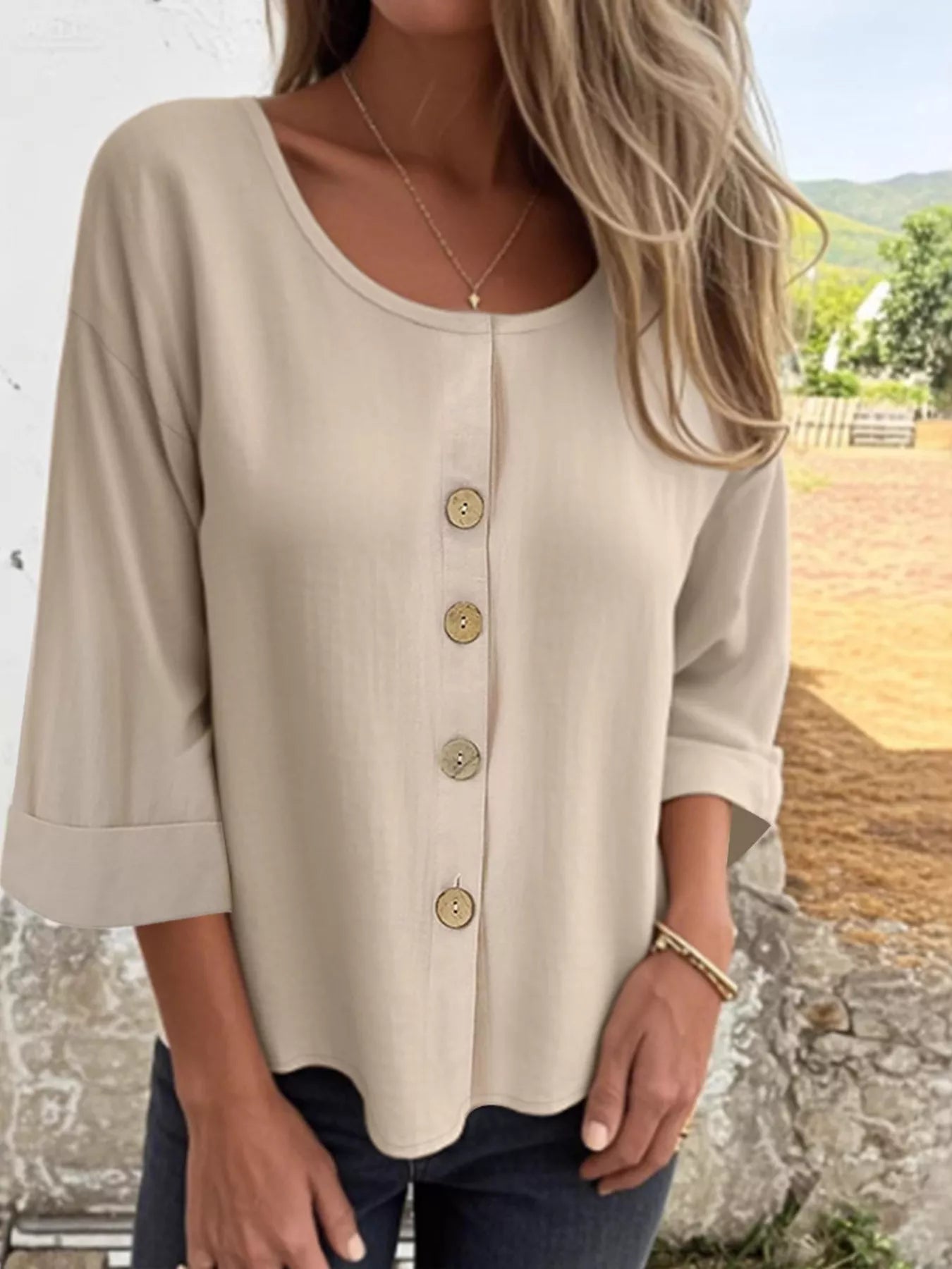 Full Size Button-Front 3/4 Sleeve Casual Blouse Plus Size Apricot