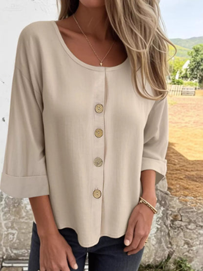 Full Size Button-Front 3/4 Sleeve Casual Blouse Plus Size Apricot