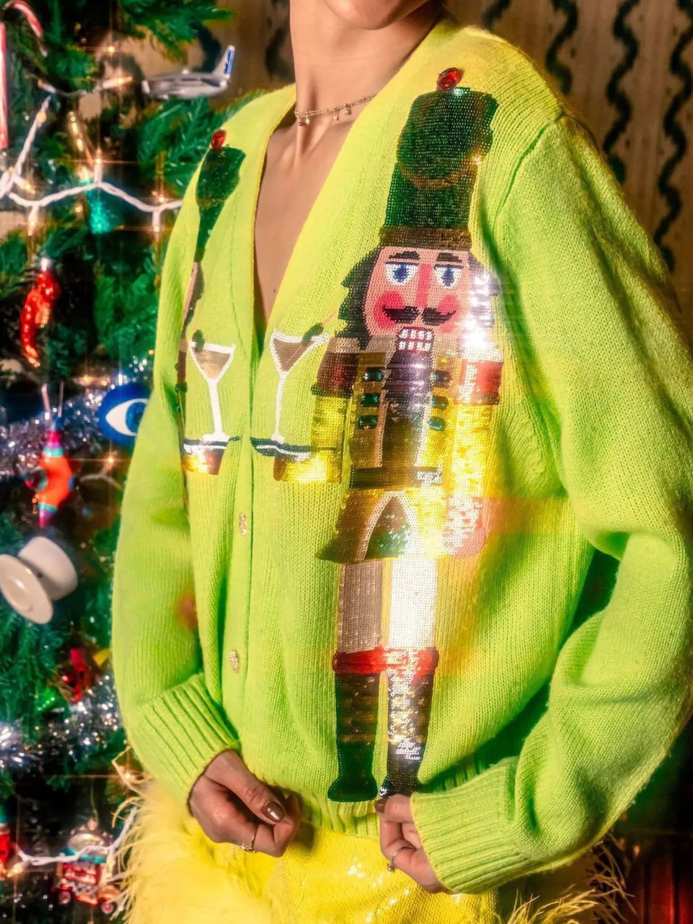 Nutcracker Ribbed Hem V-Neck Cardigan Yellow Green