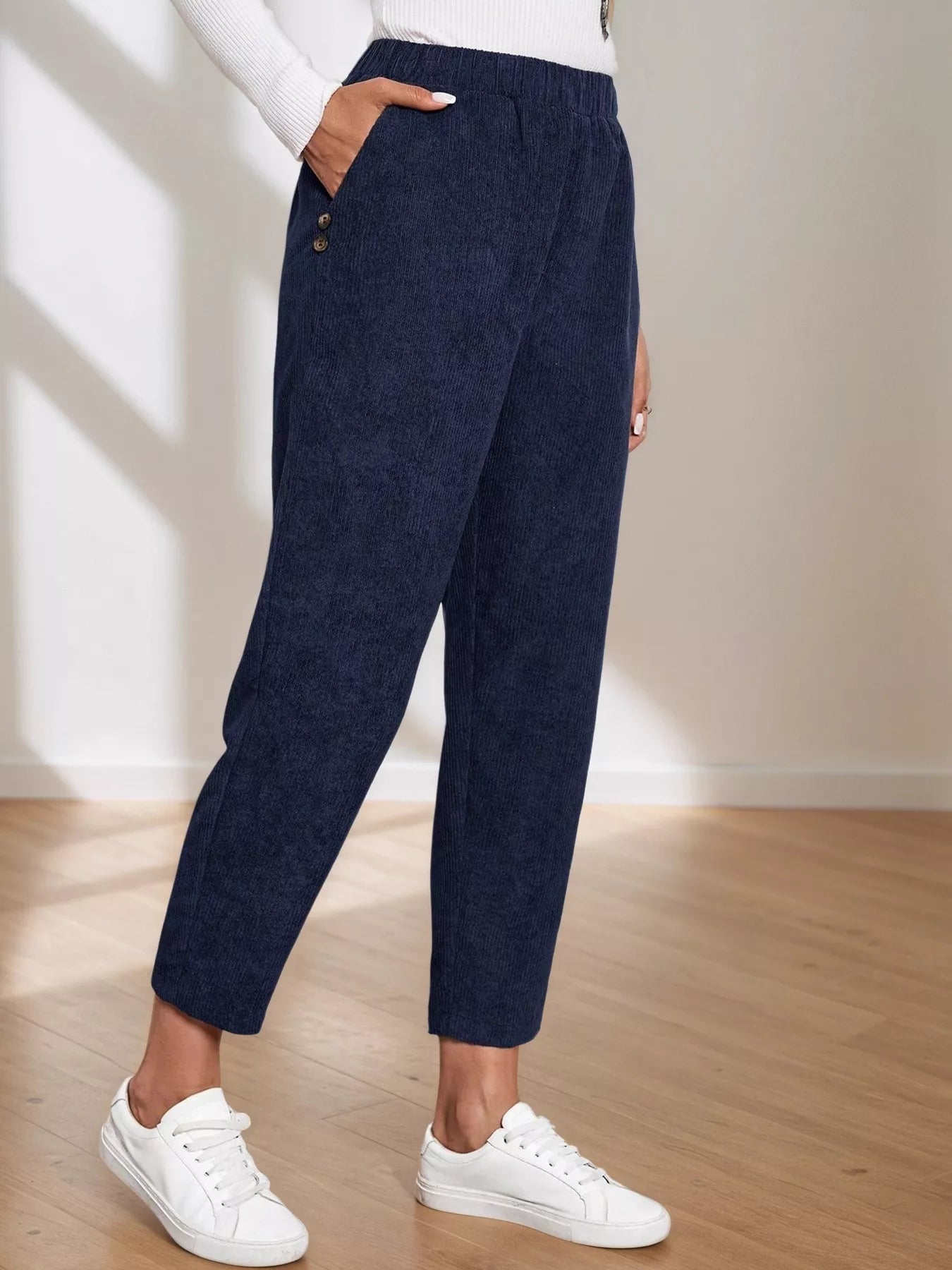 Corduroy Elastic Waist Cropped Pants Blue