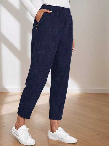 Corduroy Elastic Waist Cropped Pants Blue