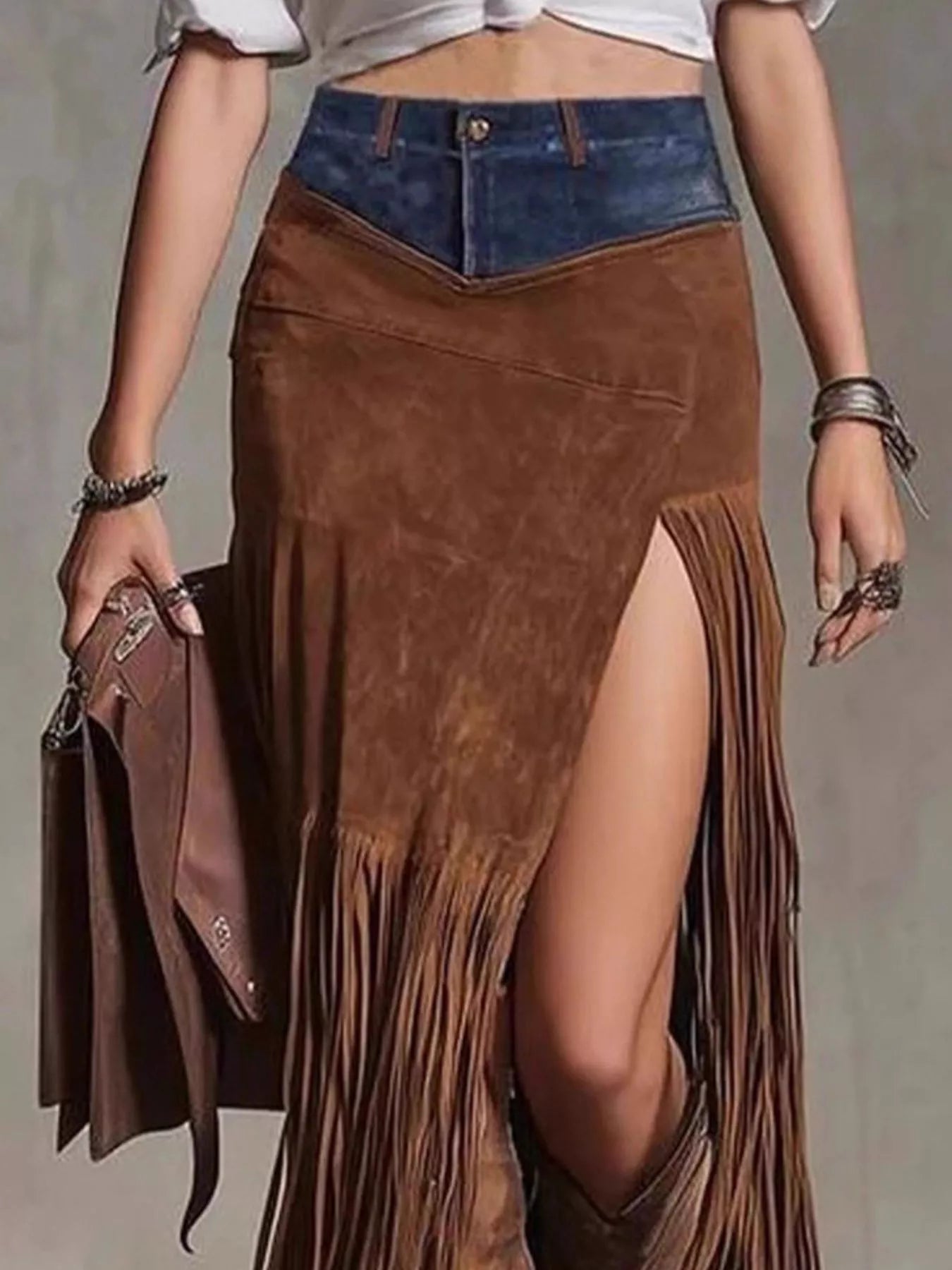 Denim Patchwork Fringe Maxi Skirt