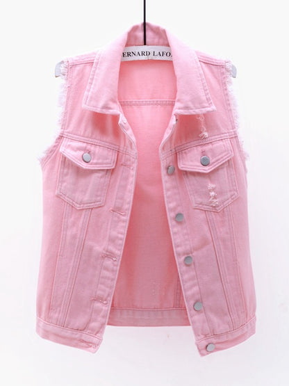 Full Size Button Down Raw Hem Sleeveless Denim Jacket Plus Size